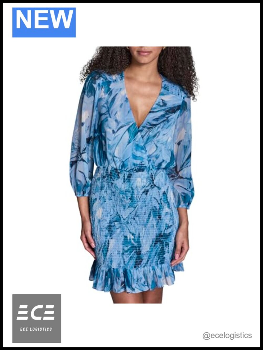Long Sleeve V Neck Smocked Chiffon Ruffle Hem Mini Dress
